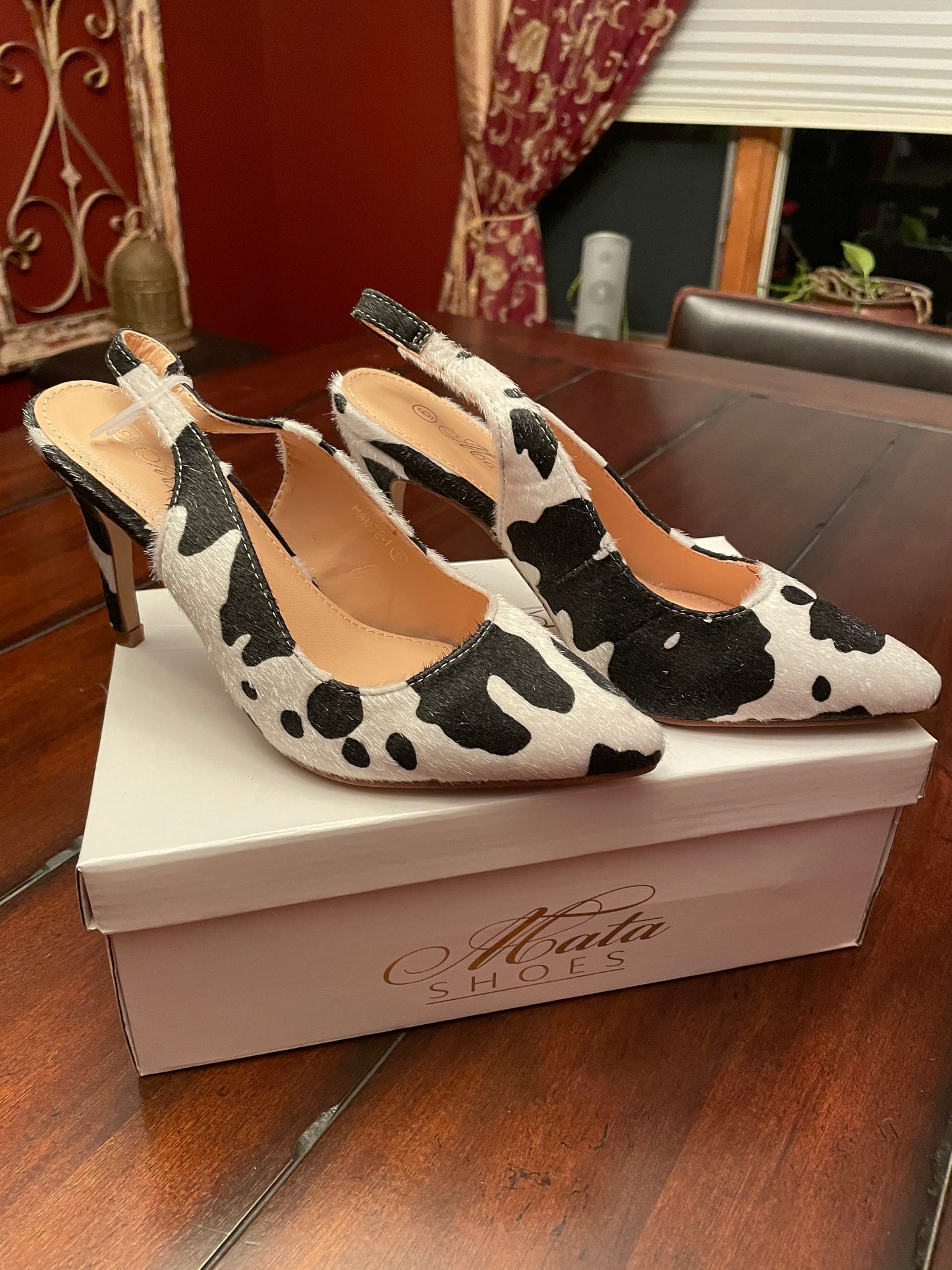 Cow Print Pointed Toe Slingback High Heels