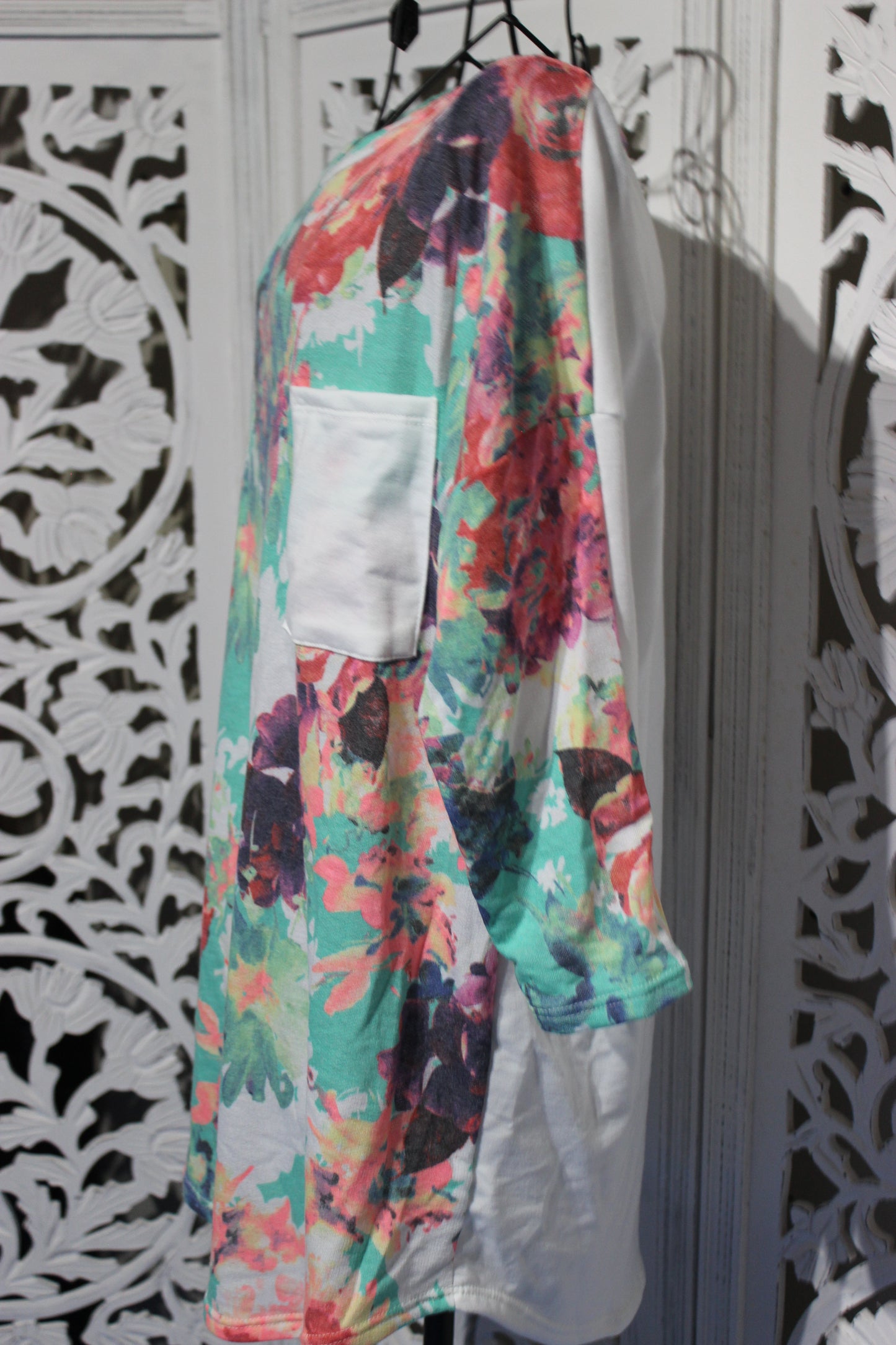 Plus Sized 3/4 Sleeve Floral and Solid Contrast Top