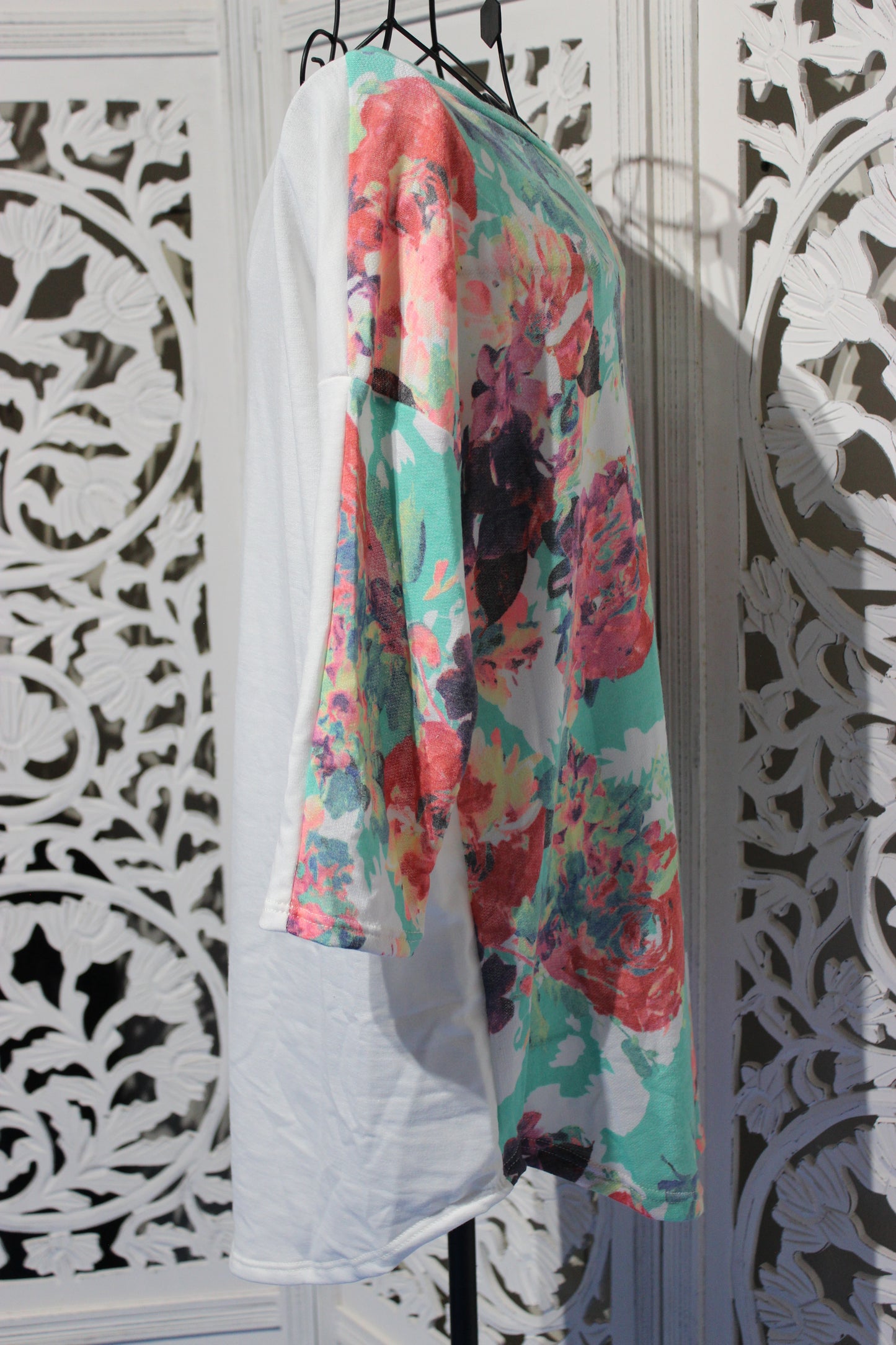 Plus Sized 3/4 Sleeve Floral and Solid Contrast Top