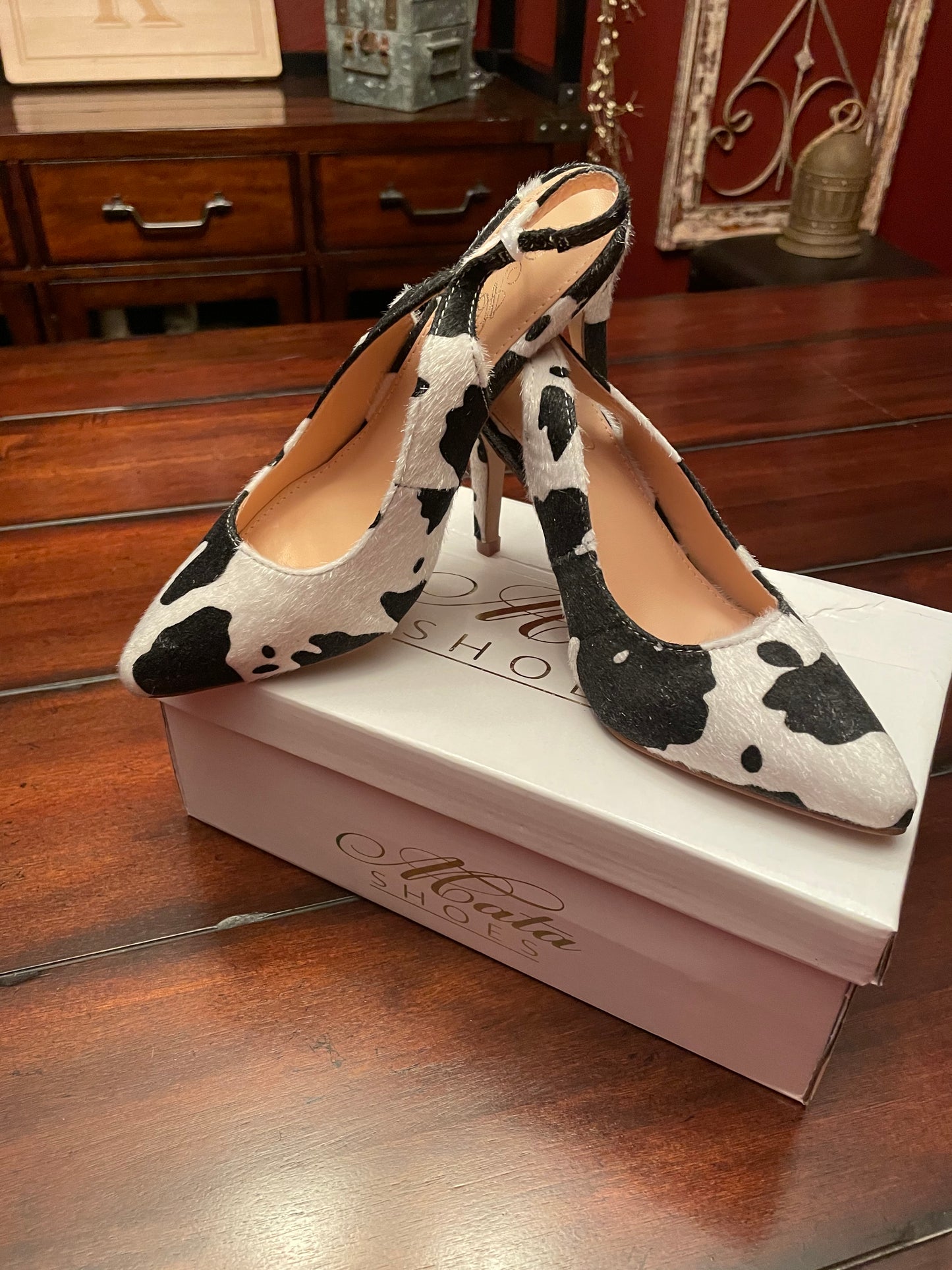 Cow Print Pointed Toe Slingback High Heels