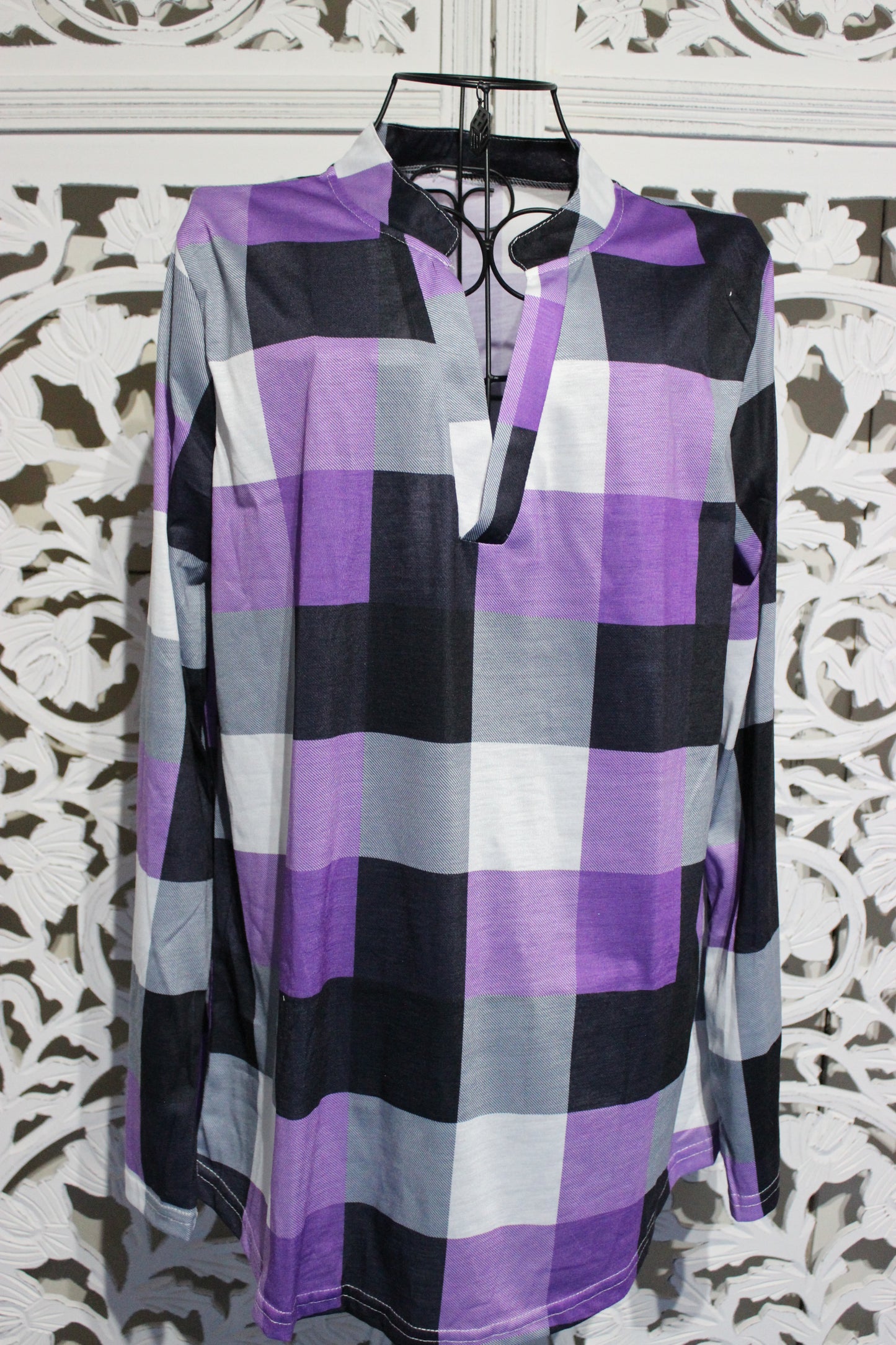 Long Sleeve Checker Print Blouse