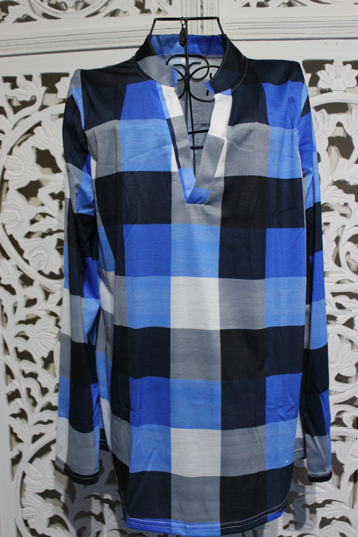 Long Sleeve Checker Print Blouse