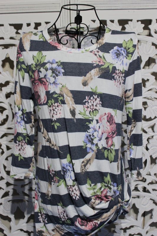 Side Knot Floral and Striped Top