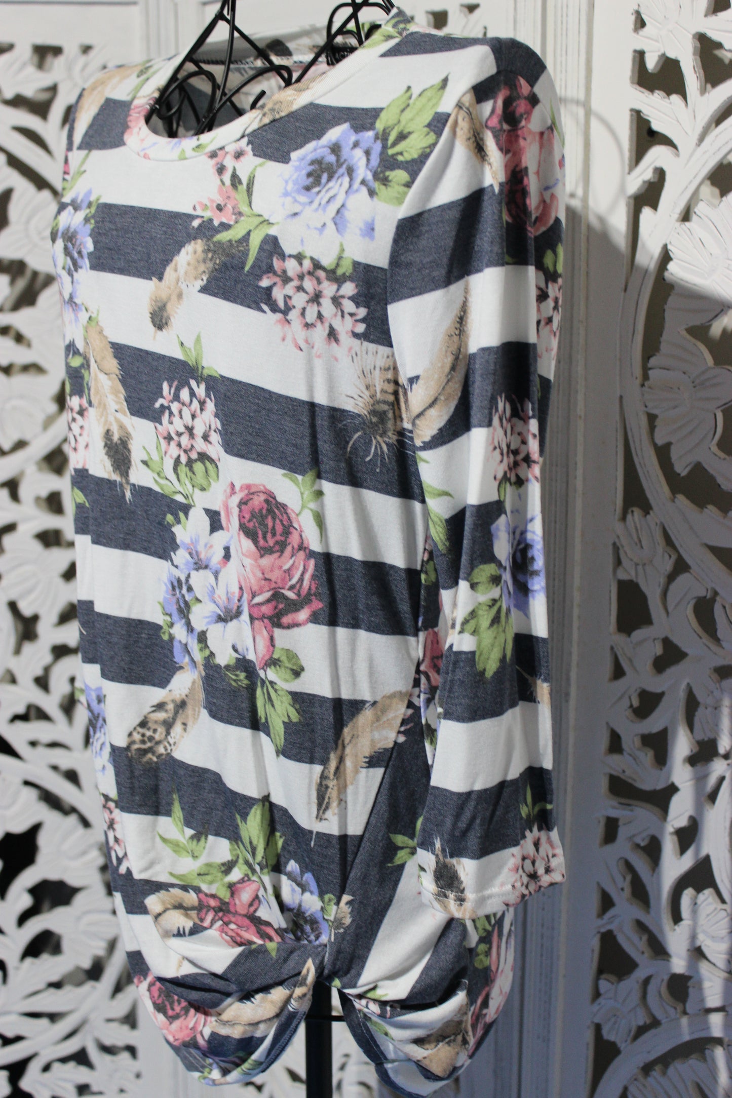 Plus Sized Side Knot Floral and Striped Top