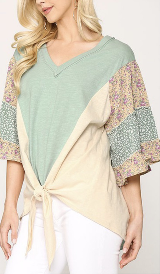 Solid Knit and Print Detail Top