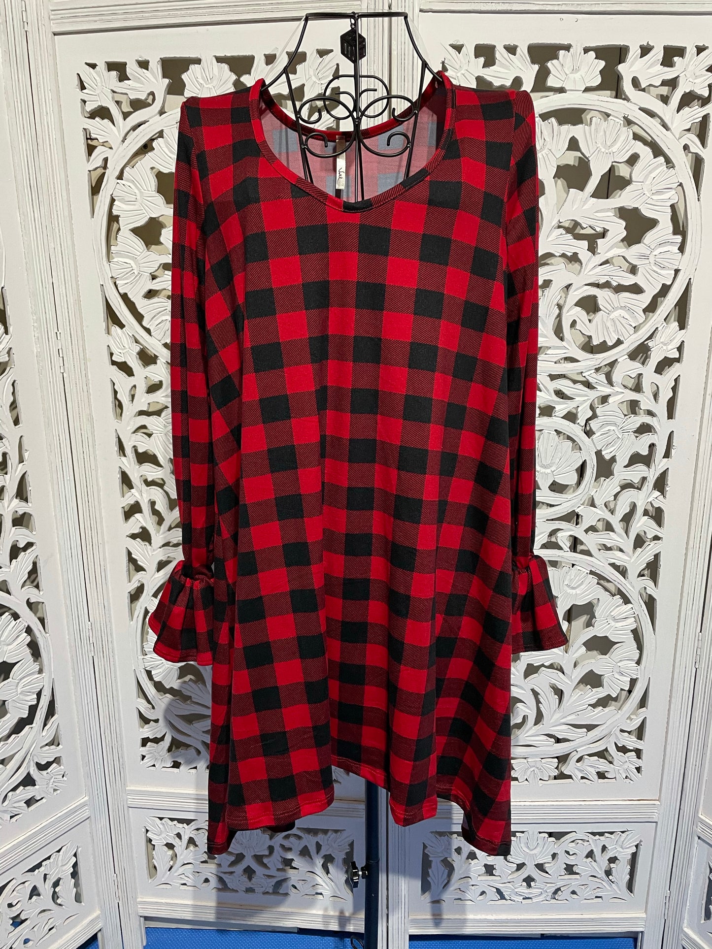 Plaid Print Ruffle Sleeve Tunic Top