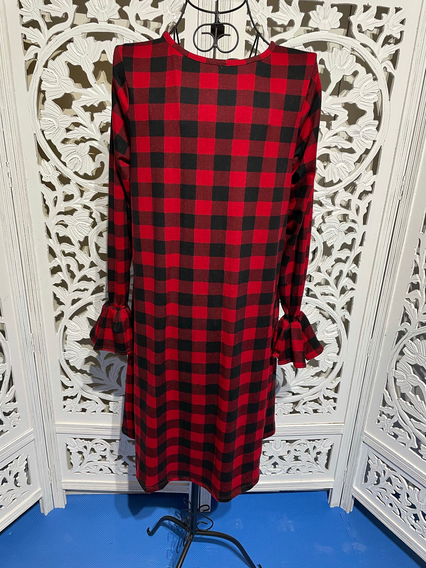 Plaid Print Ruffle Sleeve Tunic Top